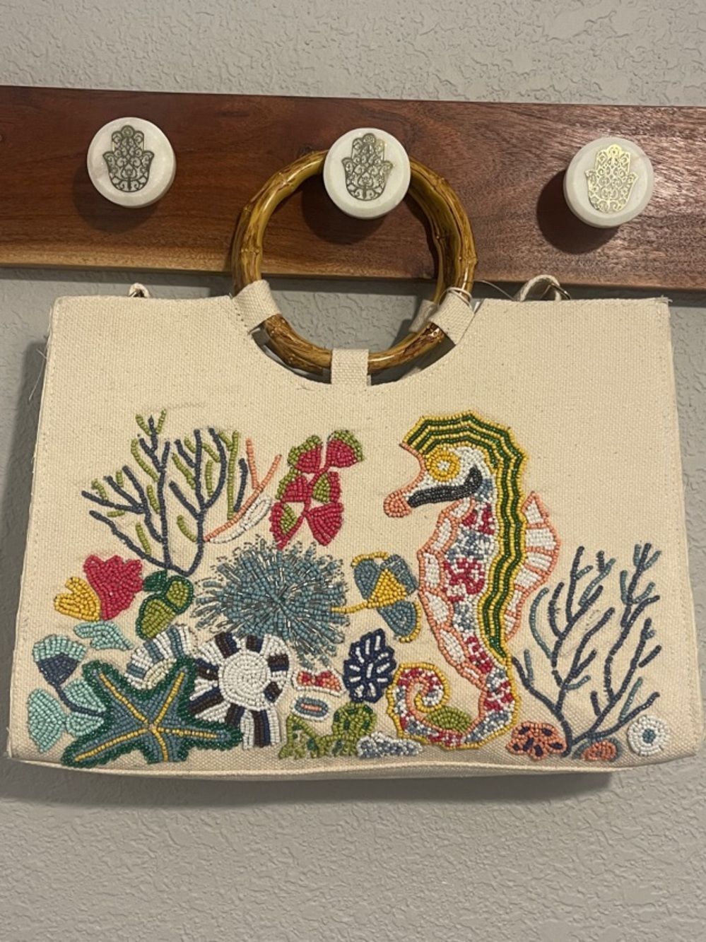 Cream Beaded Seahorse Canvas Purse with Bamboo Handles - Vacation / Travel Tote